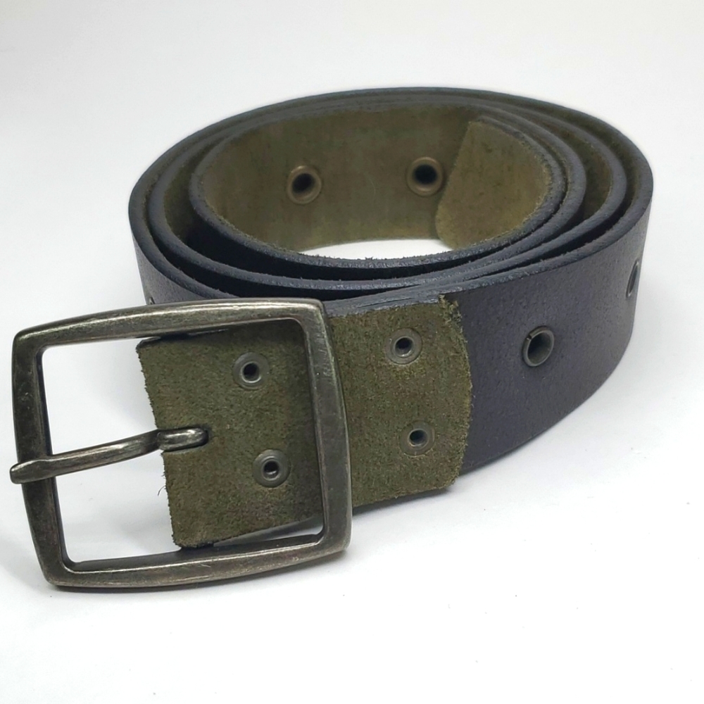Vintage Reversible Black Genuine Leather Green Suede Belt Gunmetal Buckle